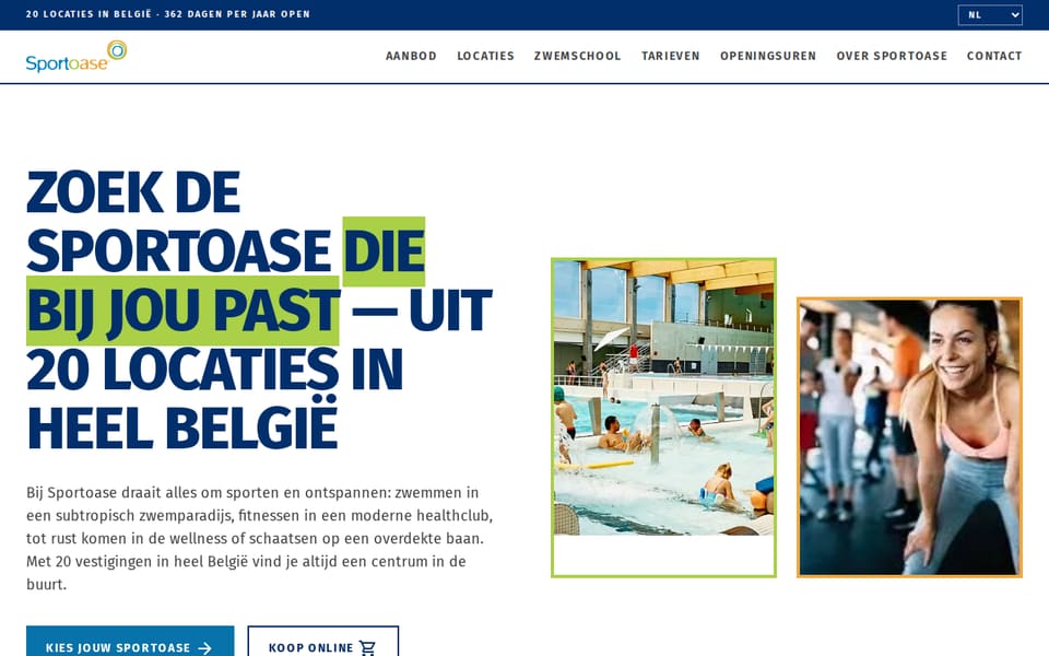 Begin van ontwerp 1: een grote titel in hoofdletters met groene markering, naast twee foto's in een gekleurde kader: het zwembad en de fitness