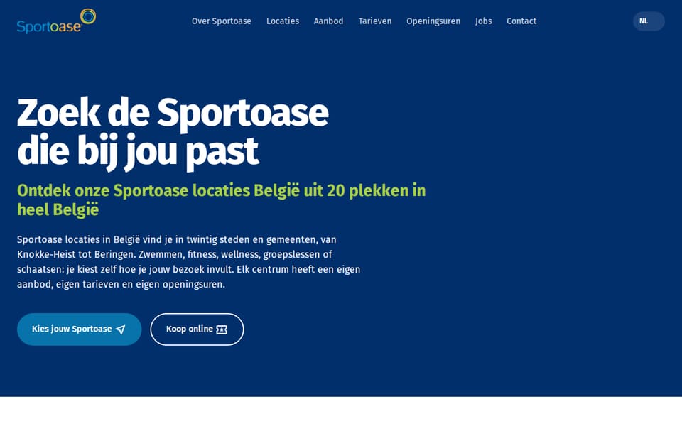 Begin van ontwerp 2: een donkerblauwe opening over de volle breedte met een witte titel en twee afgeronde knoppen